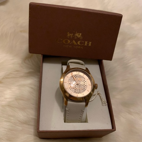 Authentic COACH Rose Gold Dial Signature C WATCH Ivory Genuine Leather Band - Picture 1 of 16